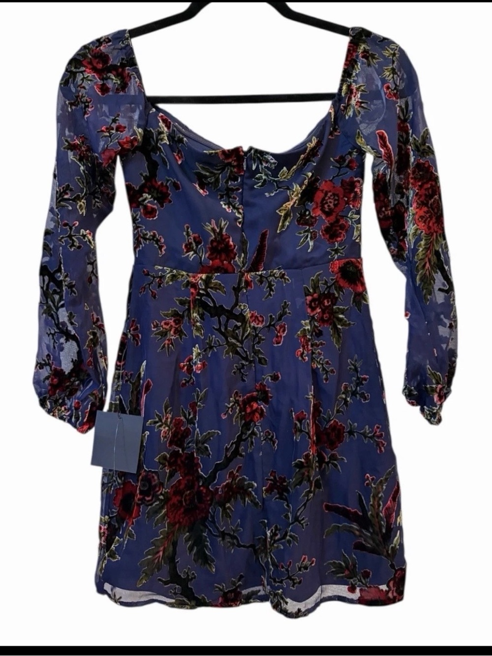 Lulu's Blue Floral Square-Neck Long-Sleeve Mini Dress
